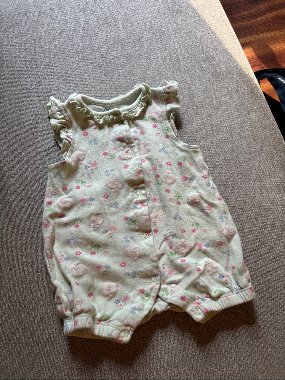 Little Me green Romper with Pink Floral and bunny Print